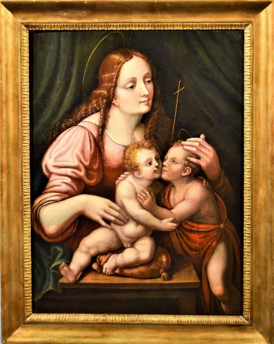 Vierge à l'Enfant et St Jean Baptiste Renaissance Lombarde XVème - Tableaux et dessins Style Renaissance